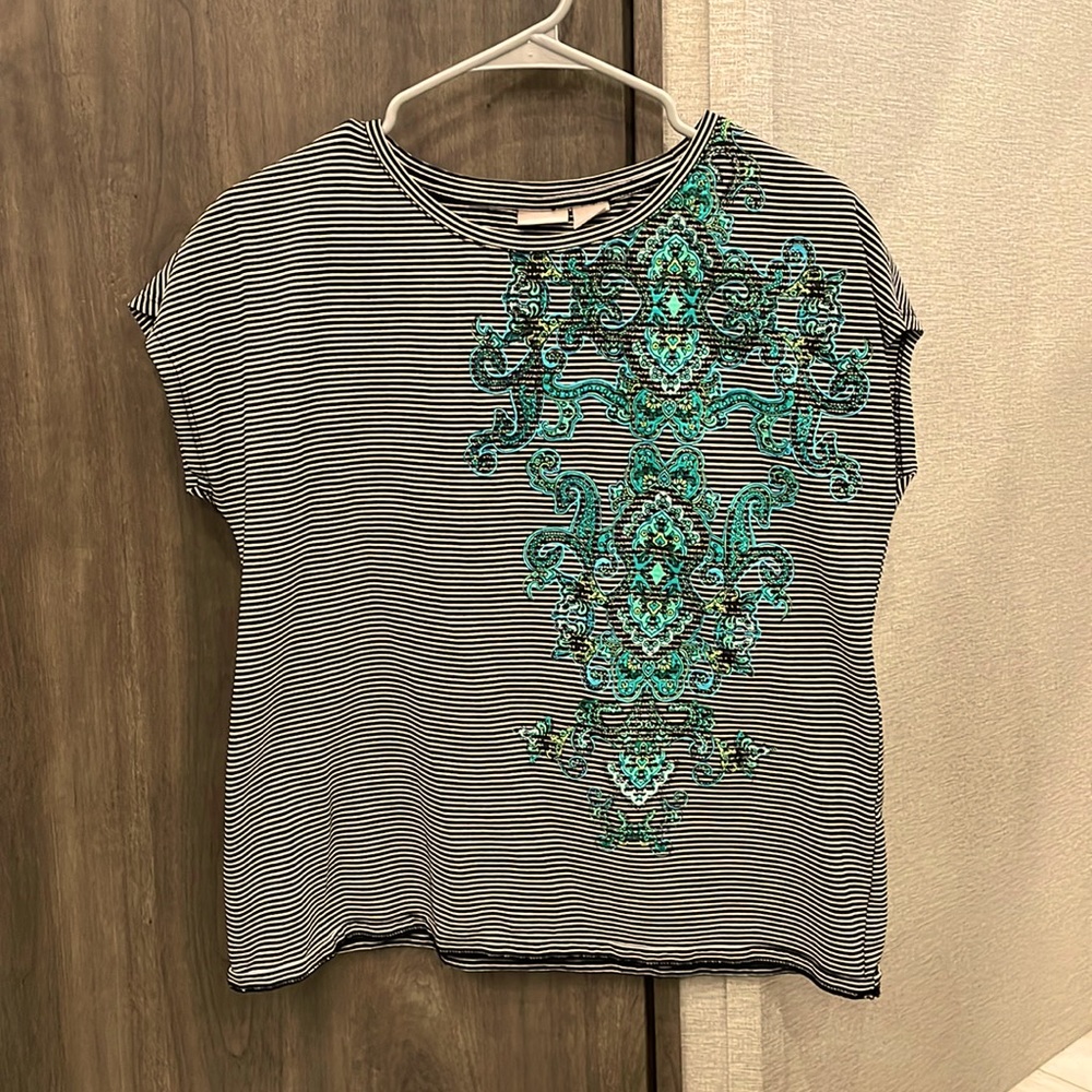 Chicos size 1 black and white striped shirt with teal,blue and green design